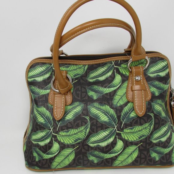 GIANI BERNINI HANDBAG SHOULDER PURSE LEAVES DESIGN GREEN BLACK AND TAN ZIPPERED - Picture 4 of 9
